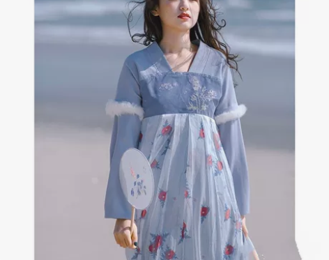 北冥有渔 复古森系汉服国风刺绣印花春秋蓝...