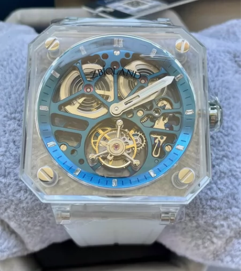 全新/珍宝莱全透蓝宝石水晶陀飞轮机械男士手...