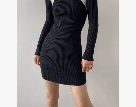 ACUP欧美针织连衣裙2022秋冬新款撞色...