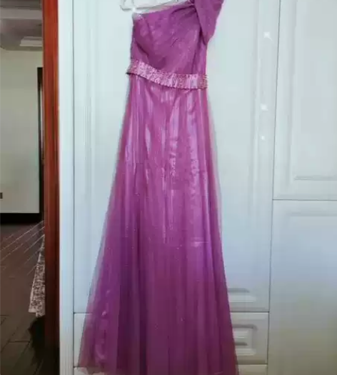 几乎全新!长款斜肩抹胸礼服裙主持人歌手礼服...