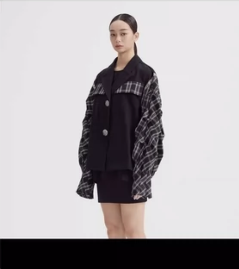 铆钉抽褶袖拼织带格纹外套男女同款直筒外套小...