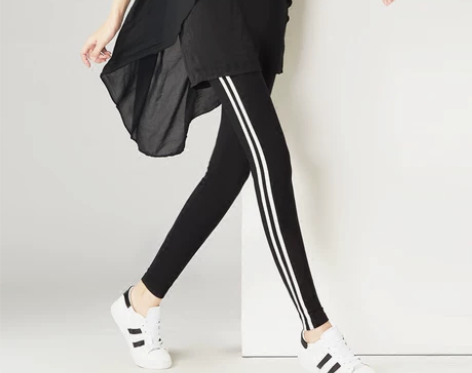 纯棉白边打底裤女秋冬外穿加绒高腰弹力条纹胖...