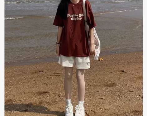 服装酒红色纯棉短袖T恤女夏季新款学院风宽松...