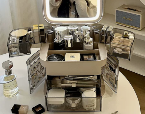 化妆品收纳盒带镜子灯防尘桌面家用一体箱梳妆...