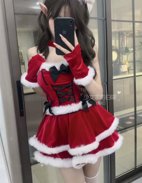圣诞战袍可爱性感金丝绒红色cosplay兔...