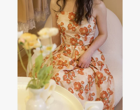 水彩插画师合作款吊带连衣裙法式碎花度假风中...