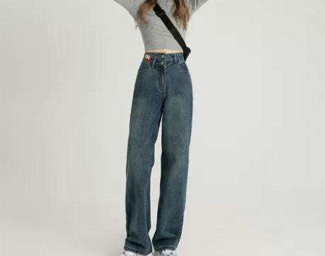 复古阔腿牛仔裤女小个子2022春秋新款直筒...