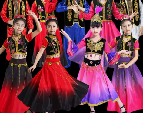 新疆舞蹈演出服儿童大摆裙小小古丽回族维族男...