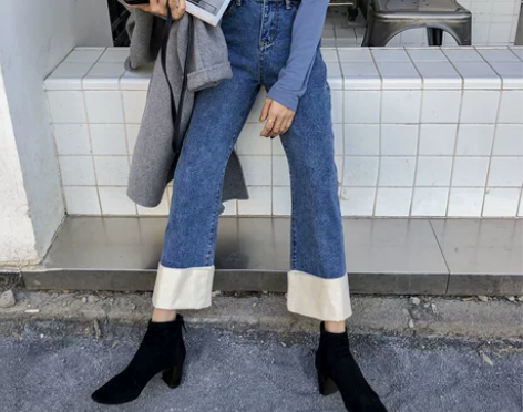 EKOOL卷边阔腿翻边宽松直筒牛仔裤女秋冬...