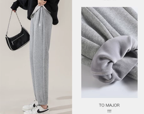 拉夏贝尔加绒运动裤女束脚高腰宽松新款加厚休...