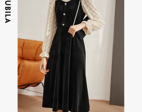 尚都比拉蕾丝拼接丝绒连衣裙女秋2021新款...