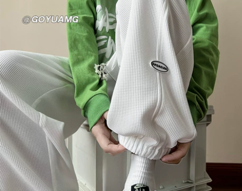 华夫格裤子男款夏季宽松大码阔腿裤潮牌潮流百...