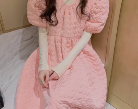 秋冬新款中长款宽松气质泡泡袖蓬蓬裙+堆堆领...