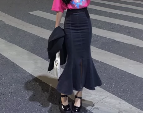 高腰鱼尾裙半身裙新款胖妹妹显瘦开叉包臀裙万...