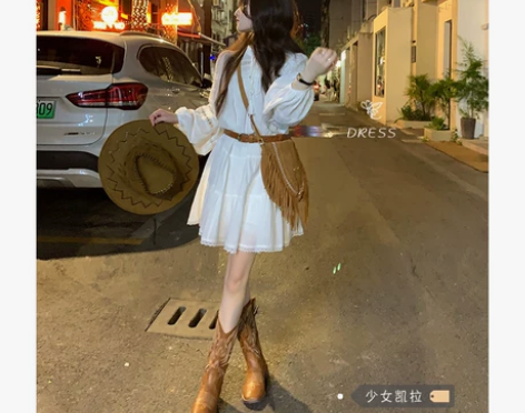 波西米亚白色衬衫连衣裙女装夏季法式泡泡袖小...