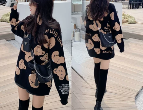 新款小熊针织毛衣女秋冬大码微胖妹妹洋气外穿...