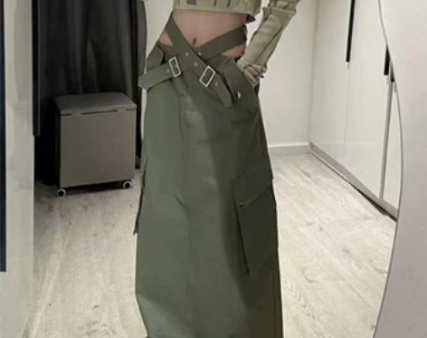 美式bella风设计感交叉腰带工装半身裙女...