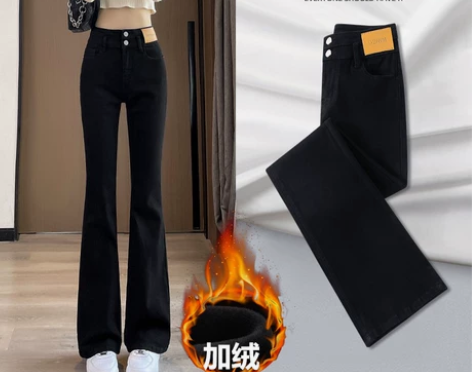 韩国高腰黑色加绒微喇叭牛仔裤女2023秋冬...