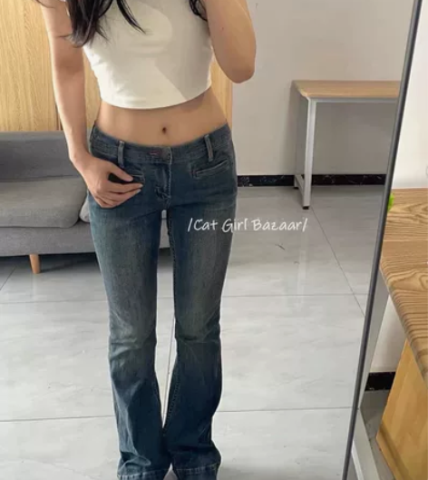 @外贸单口袋低腰牛仔裤喇叭裤弹力修身深蓝色...