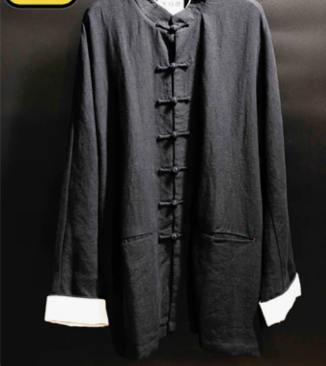 汉毅唐男库存重磅黑色苎麻春款立领手工盆扣面...