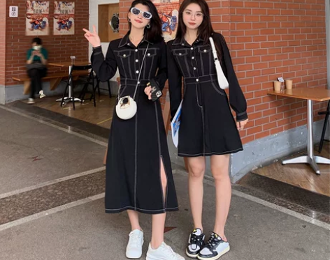 张大人梨形身材减龄牛仔连衣裙女遮肉显瘦小黑...