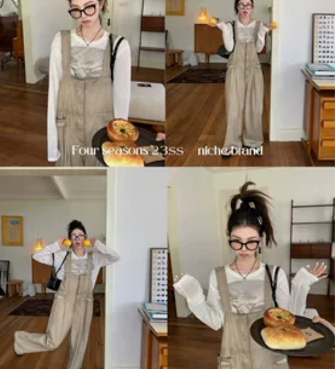 区区欧阳做旧背带裤女夏季薄款休闲裤宽松直筒...