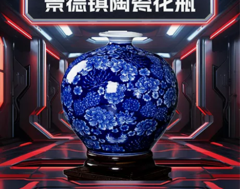 景德镇陶瓷花瓶复古手绘青花瓷中式家居客厅电...