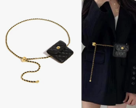 ?羊皮金球腰包女腰链装饰连衣裙子西装小香风...