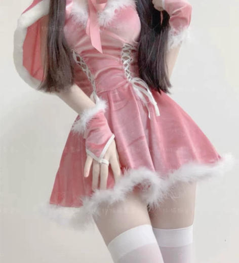 猫猫祟祟～圣诞小兔粉色丝绒套装 新年性感女...