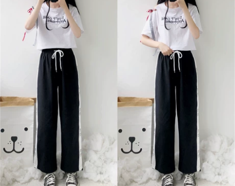 侧边拼色运动休闲裤女裤子春秋软妹学生可爱印...