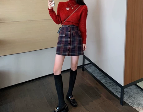 复古港风chic圣诞镂空红色高领麻花毛衣女...
