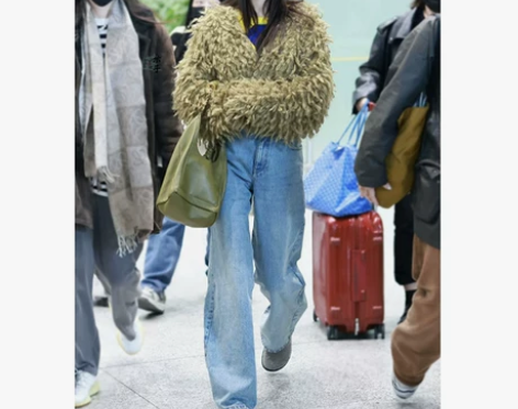 杨幂明星同款浅色阔腿牛仔裤女加绒秋冬宽松直...