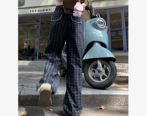 复古撞色格子高腰休闲裤女 别致阔腿显瘦百搭...