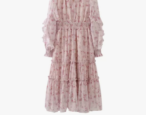 拉夏贝尔春季新款圆领荷叶边碎花连衣裙女收腰...