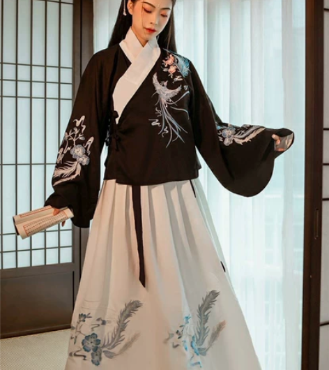 明制汉服艺缕鸾凤明制袄裙，上白下黑，上黑下...