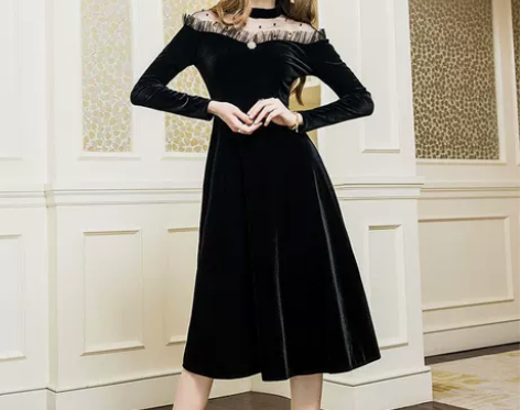 [转卖]法式复古丝绒连衣裙秋冬新款赫本风小...