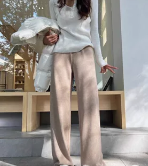 灰色针织仿羊绒阔腿裤女秋冬高腰垂感加绒直筒...