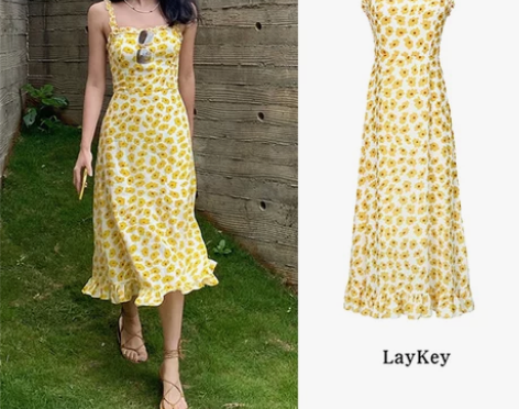 杨采钰明星同款法式复古荷叶边碎花印花收腰修...