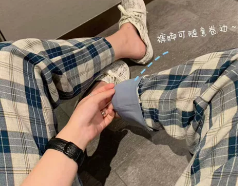 韩版港风复古蓝格子休闲裤女高腰直筒宽松阔腿...