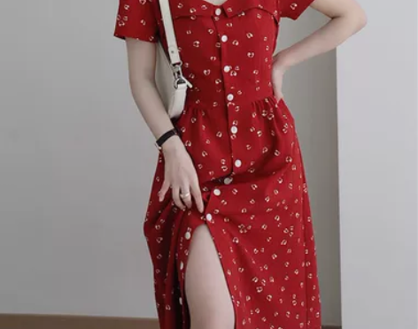 南瓜谷 浮世红与黑~红色连衣裙春夏气质收腰...