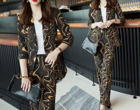 豹纹印花西装两件套女2022新款春夏职业休...