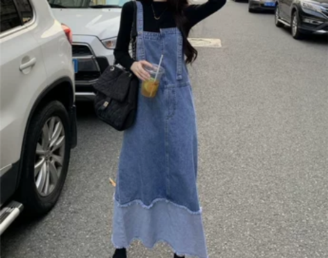 牛仔背带裙女新款春季腰复古拼接中长款吊带裙...