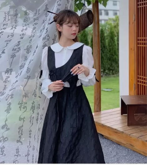 韩版新款学院风甜酷无袖镂空背带连衣裙女学生...