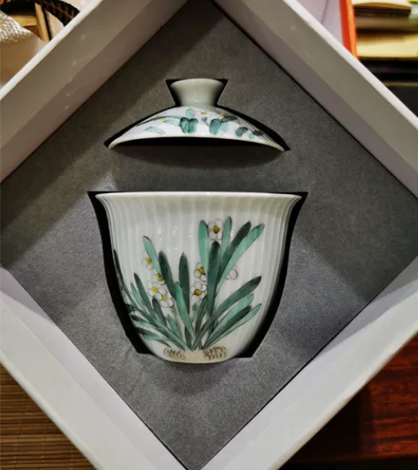 景德镇手绘陶瓷水仙花盖碗   旅行  家用...