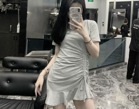 韩笑Mia 2019新款A字裙修身抽绳系带...