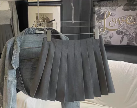 灰色西装百褶裙女春秋学院风裙子高腰显瘦纯色...