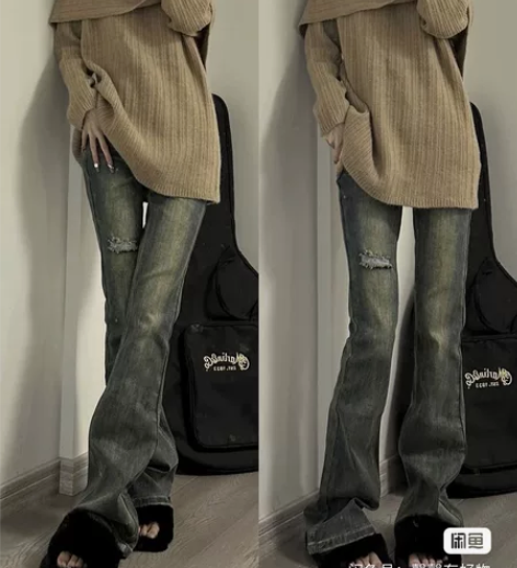 全新美式高街复古蓝色破洞微喇牛仔裤女夏季新...