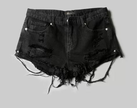 欧美2023夏季款黑色牛仔短裤女破洞毛边阔...