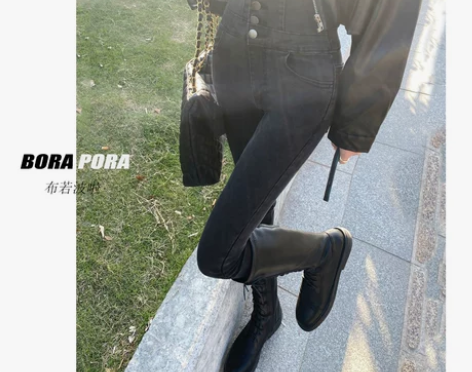 高腰烟灰色牛仔裤女2023年秋季新款网红高...