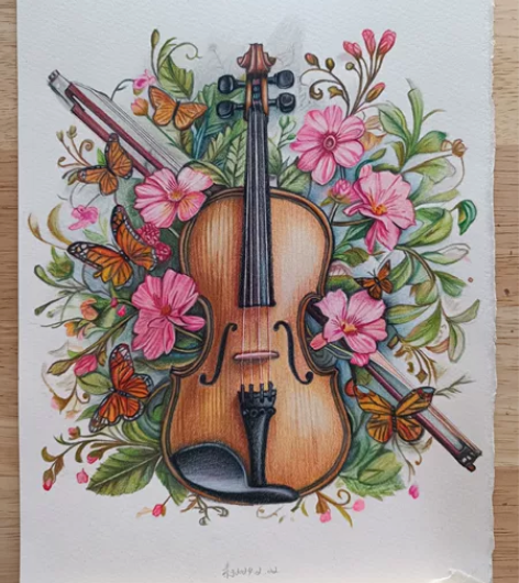 彩铅画小提琴，手绘，纸是16开的(20×3...